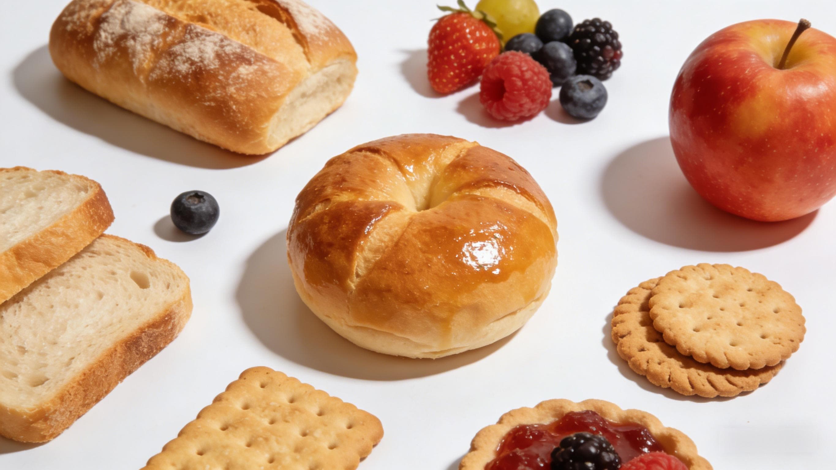 Bread, pastries, biscuits and fresh fruit